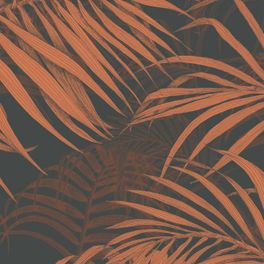 Обои Fardis - Maui  создают ощущение параллельного мира в с тропическими пальмами тихоокеанских стран. Арт. 117074 выполнен на фоне структурного металлика тёмного цвета с листьями пламенеющих оранжевых оттенков, создающие ощущение глубины в пространстве. Обои для квартиры, обои на стену, дизайнерские обои.
