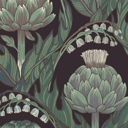 Обои флизелиновые Mai артикул 11716 из каталога CANTARI от Fardis с детально прорисованными растениями и цветами на черно-фиолетовом фоне в массе образующие трельяжный орнамент в стиле ар нуво . Подобрать обои, растительный орнамент, цветы в интерьере в Москве