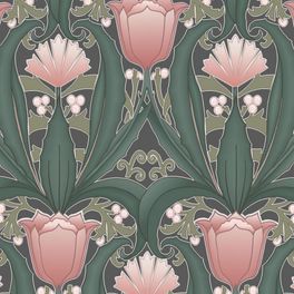 Обои в интерьере Fardis - Artisan арт. 11745. Дизайн напоминает средневековый стиль с угловатыми элементами, цветочный рисунок выполнен в розовых оттенках с зеленой растительностью на темном фоне. Салон обоев, магазин обоев, обои Москва.