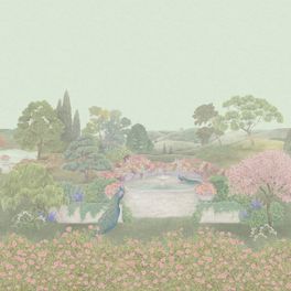 Пейзажное фотопанно Idyll Blush / Идиллия, арт 120/1001 из каталога The Gardens, пр-во Cole&Son, Великобритания с рисунком природной идиллии фонтаном и павлинами.