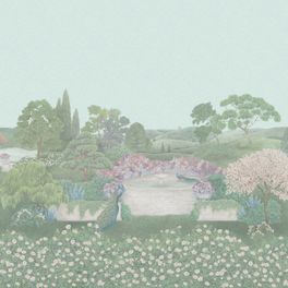 Пейзажное фотопанно Idyll Eau de Nil / Идиллия, арт 120/1003 из каталога The Gardens, пр-во Cole&Son, Великобритания с рисунком природной идиллии фонтаном и павлинами на фоне цвета нильской воды.