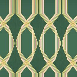 Обои для гостинной с крупным геометрическим орнаментом, состоит из розово-зеленых линий, на зеленом фоне. Обои в кабинет