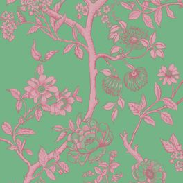 Крупный план рисунка премиальных обоев Paradise Tree арт. 128/2008 от Cole & Son из коллекции Classics II. Детализированный классический узор райского дерева в смелом изумрудном и нежном розовом цвете, демонстрирующий качество печати. Английские обои для стен в спальне, гостинной, коридора или столовой.