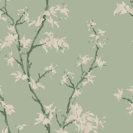 Крупный план рисунка премиальных обоев Chinese Branch арт. 128/3014 от Cole & Son из коллекции Classics II. Классический акварельный узор ветвей китайского дерева в нежном зеленом цвете с кремовыми листьями, демонстрирующий качество печати. Английские обои для стен в спальне, гостинной, коридора или столовой.