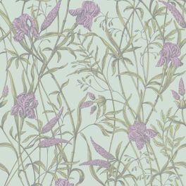 Купить премиальные обои  Iris арт. 128/5024 от Cole & Son из коллекции Classics II для стен. Детализированный рисунок цветков и листьев ириса на спокойном голубом фоне, демонстрирует качество печати. Английские обои для стен в спальне, гостинной, коридора или столовой.