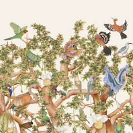 Обои Tree of Life Stone арт. 129/1002 от Cole&Son каталог Ardmore Baobab, флизелиновые, стиль джунгли, баобаб и животные. Детальная прорисовка баобаба и птиц