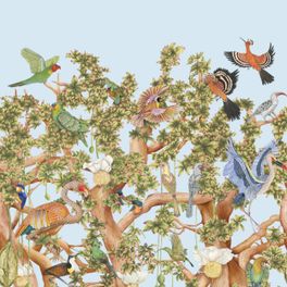 Обои Tree of Life Sky Blue арт. 129/1003 от Cole&Son каталог Ardmore Baobab, флизелиновые, стиль джунгли, баобаб и животные. Детальная прорисовка баобаба и птиц