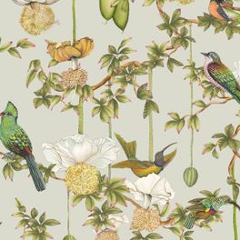 Детальный фрагмент флизелиновых обоев Baobab Botanica Duck Egg арт. 129/2006 от Cole&Son каталог Ardmore Baobab, детальная прорисовка баобаба и роскошных птиц на фоне цвета утиного яйца.