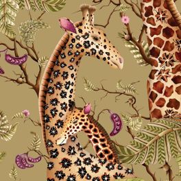 Благородные флизелиновые обои Royal Giraffe Safari арт. 129/3013 от Cole&Son каталог Ardmore Baobab с детальной прорисовкой королевских жирафов на фоне сложного цвета Сафари.