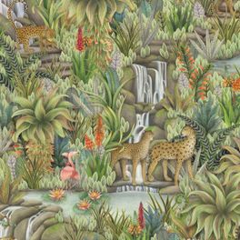 Детальный фрагмент обоев Injisuthi Jade  арт. 129/9046 от Cole&Son(Англия) из каталога Ardmore Baobab со сложным рисунком флоры и фауны южной африки в нефритовом цвете.