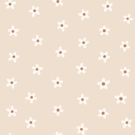 Флизелиновые бежевые обои с ромашками для дома Daisies beige арт. 131112 в интерьере комнаты — уютный и игривый узор для стен.