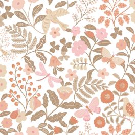 Флизелиновые обои для интерьера Flowers and birds terracotta, taupe and pink арт. 131391 — с цветами и птицами в тёплых тонах — терракотовом, темно-сером и розовом создают в комнате жизнерадостную, уютную атмосферу.