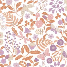 Флизелиновые обои для дома Flowers and birds lilac purple and terracotta арт. 131392 — с цветами и птицами в тёплых тонах — сиреневый, фиолетовый и терракотовый создают в комнате жизнерадостную, уютную атмосферу.