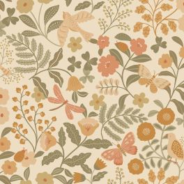 Флизелиновые обои для стен Flowers and birds orange and grayish green арт. 131393 — с цветами и птицами в тёплых тонах — апельсиновом и серовато-зеленом создают в детской комнате жизнерадостную, уютную атмосферу.