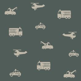 Детские обои для мальчиковой комнаты Machinery and cars dark green арт. 131400 — с машинками в темно зеленом комфортном тоне создают веселую атмосферу, превращая комнату в пространство для фантазий и приключений.
