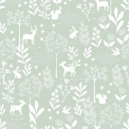Детские обои для стен Forest with animals mint green арт. 139524 — зайчики, лисички, медвежата и белочки — дарят ощущение сказки и близости к природе.
