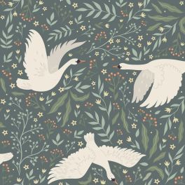 Флизелиновые обои Swans grayed vintage blue and white арт. 139798 — романтичные обои с лебедями для интерьера.