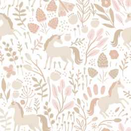 Крупный план флизелиновых обоев с единорогами Unicorns beige арт. 139873 — текстура и нежный узор.