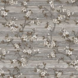 Виниловые фактурные моющиеся обои Floral артикул 1505-3 из каталога Vera от Adawall с  цветочным узором под ткань вышитой ришелье на серо коричневых горизонтальных полосках для кухни