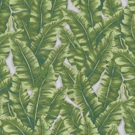 Виниловые обои под ткань с глянцевым мерцанием Banana Leaf артикул 1507-3 из каталога Vera от Adawall  с крупным фактурным растительным узором банановых листьев изумрудно зеленого цвета для гостиной купить с доставкой по Москве