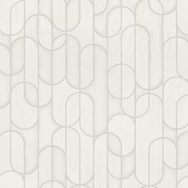 Фактурные моющиеся обои Modern Geometric артикул 1514-1 из каталога Vera от Adawall с серебряным геометрическим узором арок и кругов  серо бежевого цвета с глянцевым мерцанием для ванной, кухни или гостиной