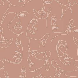 Дизайнерское панно ESTA HOME из коллекции "Art Deco" с модным узором Ар Нуво в виде абриса женских лиц на терракотово персиковом фоне для гостиной или столовой