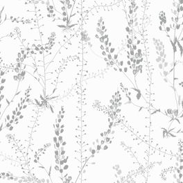 Флизелиновые обои из Швеции коллекция Scandinavian Designers II от Borastapeter, с рисунком под названием Bladranker полевые цветы в сером цвете на белом фоне. Обои для кухни или спальни. Можно купить обои онлайн.