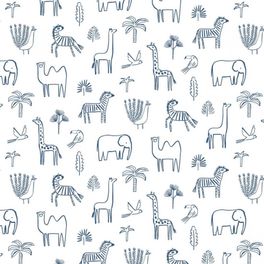 Купить обои Funky Jungle арт. 112629 от Harlequin с наивным изображением силуэтов африканских животных синего цвета на белом фоне в салонах О-Дизайн.