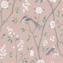Флизелиновые обои из Швеции коллекция ORIENTAL DREAMS от Borastapeter, рисунок под названием Paradise Birds – Райские птицы выполненный акварельной техникой на металлизированном фоне серо-розового оттенка. Обои для спальни, обои для гостиной.