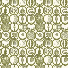 Найти флизелиновые обои из Швеции коллекция Scandinavian Designers III от Borastapeter под названием FRUKTLADA. Стилизованное изображение различных фруктов и ягод сформировано в геометрический узор и образует некую сетку со множеством мелких деталей.