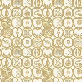 Флизелиновые обои из Швеции коллекция Scandinavian Designers III от Borastapeter под названием FRUKTLADA. Стилизованное изображение различных фруктов и ягод сформировано в геометрический узор и образует некую сетку со множеством мелких деталей.