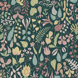Флизелиновые обои из Швеции коллекция Scandinavian Designers III от Borastapeter   HERBARIUM. Плотный цветочный узор в скандинавском стиле. Розовые и желтые цветы на глубоком  темно-зеленом фоне.