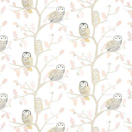 Заказать обои для детской Little Owls 112628 от Harlequin с изображением очаровательных сов, сидящих на дубовых ветках в мягких оттенках розового, серого и охры в интернет-магазине.