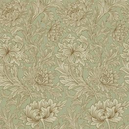 Подобрать обои для спальни Chrysanthemum Toile арт. 216861 из коллекции Compilation Wallpaper от Morris , Великобритания с хризантемами на зеленом фоне.