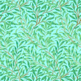 Обои бумажные Willow Bough артикул 216948 из каталога  Morris & Co с растительным узором зеленых ивовых ветвей на светло бирюзовом фоне для гостиной