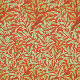 Обои бумажные Willow Bough артикул 216951 из каталога  Morris & Co с растительным узором ивовых ветвей оливкового цвета на томатно красном фоне для столовой, гостиной или кабинета