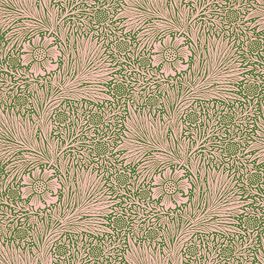 Английские бумажные обои Marigold артикул 216953 из каталога Ben Pentreaths Queen Square  от Morris & Co с плотным цветочным узором бархатцев розового цвета н оливковом фоне