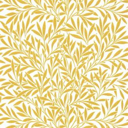 Английские бумажные обои Willow артикул 216963 из каталога Ben Pentreaths Queen Square  от Morris & Co с акварельным растительным ретро узором ивовых листьев желтого цвета для гостиной, спальни или детской
