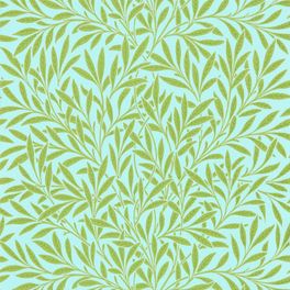 Английские бумажные обои Willow артикул 216964 из каталога Ben Pentreaths Queen Square  от Morris & Co с растительным ретро узором ивовых зеленых листьев на бирюзовом фоне для гостиной, спальни или детской