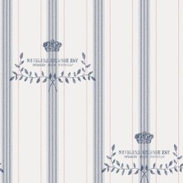 Обои Marstrand, Boråstapeter с тройными синими полосами в обрамлении тонких красных линий и рисунком из перекрещивающихся стилизованных ветвей и короны. Купить шведские обои для стен в интернет-магазине, бесплатная доставка.