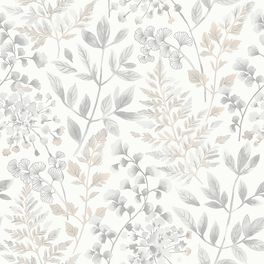 Обои флизелиновые "Sigrid" из каталога BOROSAN HEM с растительным акварельным рисунком из листьев папоротника серо бежевого на белом фоне для столовой, кухни или гостиной