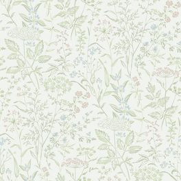 Обои флизелиновые "Emil"из коллекции BOROSAN HEM фабрики Borastapeter с растительно цветочным узором летнего луга в пастельно зеленом, голубом и розовом оттенках купить в Москве