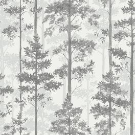 Обои флизелиновые "Ronja" с черным монохромным графичным рисунком деревьев соснового леса, создающим 3Д эффект, из каталога BOROSAN HEM для кабинета.