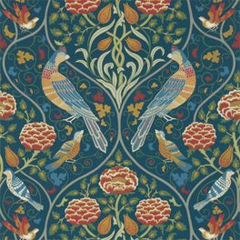 Купить бумажные обои арт. 216686 из коллекции Melsetter от Morris,с птицами и крупным цветочным узором в цвете индиго в салоне О-Дизайн,недорого