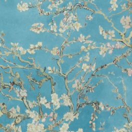 Виниловые моющиеся обои Almond Blossom с узором цветущего миндального дерева на небесно голубом фактурном фоне можно купить в Москве
