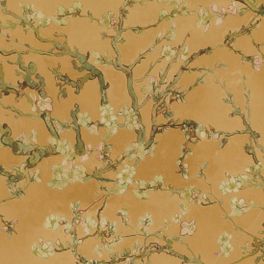 Виниловые обои Almond Blossom из каталога Van Gogh III с рисунком цветущего дерева миндаля на горчичном фоне в стиле  шинуазри