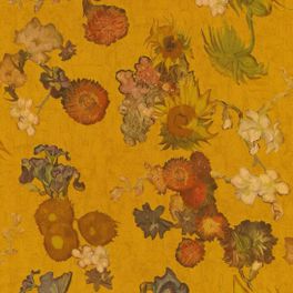 Дизайнерские обои с винтажным многоцветным узором из цветов с полотен Ван Гога на приглушенном фактурном желтом фоне