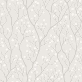 Обои Snowberry от ECO Wallpaper со стилизованным рисунком веток и плодов снежноягодника на дымчато-сером фоне. Обои для гостиной, детской. Большой ассортимент шведских обоев в салонах ОДизайн.