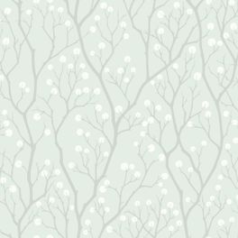 Обои Snowberry от ECO Wallpaper со стилизованным рисунком серых веток и белых плодов снежноягодника на бледно-бирюзовом фоне. Обои для гостиной, детской. Большой ассортимент шведских обоев в салонах ОДизайн.