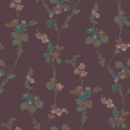 Шведские дизайнерские обои VERA 5512 из коллекции Swedish Grace с розовыми, оливковыми и бирюзовыми деталями цветочного акварельного узора на темно-бордовом фоне для гостиной или кабинета
